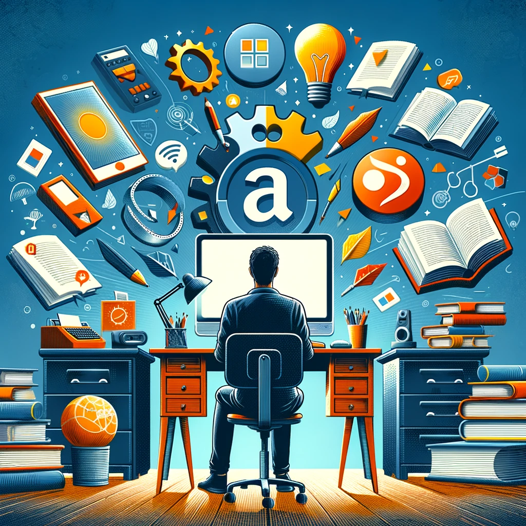 An author at a desk with publishing platform icons floating around